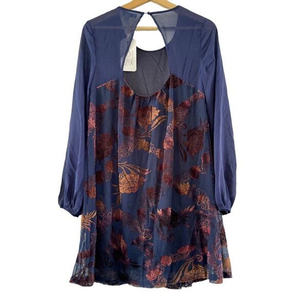 She‎ + Sky Silk Navy Blue Copper Velvet Burnout Button Keyhole Peasant Tunic Top - Picture 2 of 8